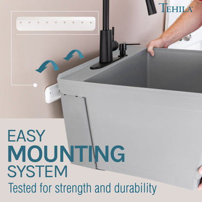 Tehila Standard Wall-Mounted Grey Utility Sink with Black Finish Pull-Down Faucet