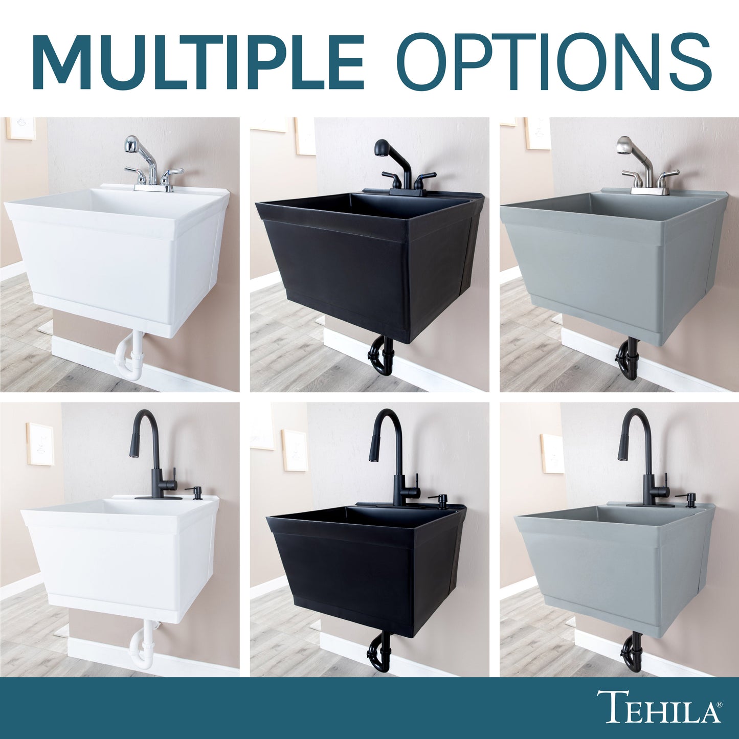 Tehila Standard Wall-Mounted Grey Utility Sink with Black Finish Pull-Down Faucet