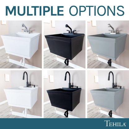 Tehila Standard Wall-Mounted Grey Utility Sink with Black Finish Pull-Down Faucet