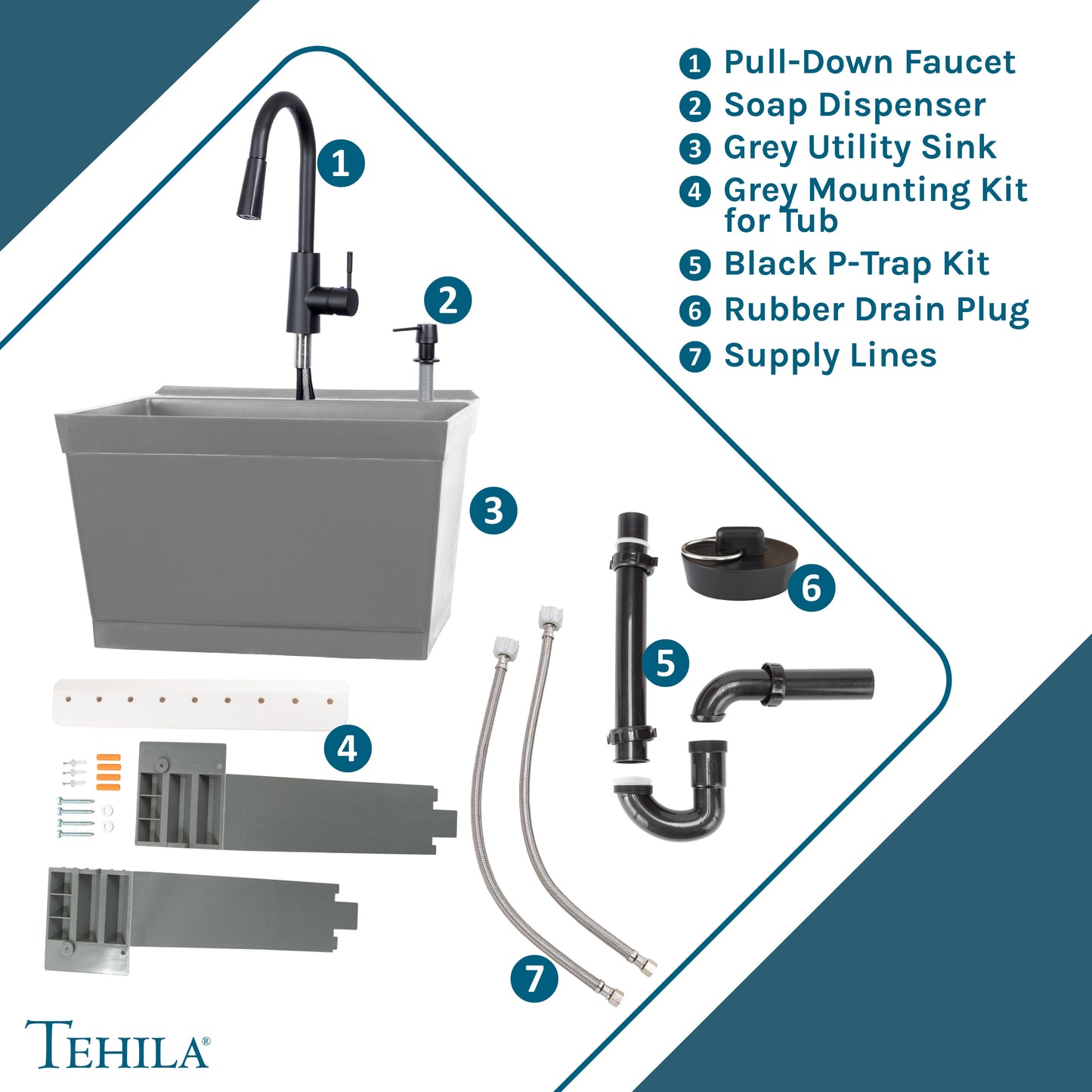 Tehila Standard Wall-Mounted Grey Utility Sink with Black Finish Pull-Down Faucet