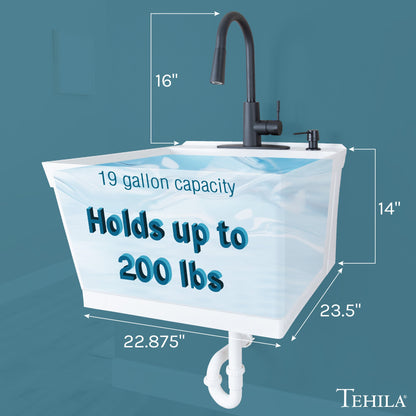 Tehila Standard Wall-Mounted White Utility Sink with Black Finish Pull-Down Faucet
