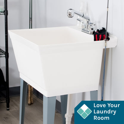 Tehila Standard Freestanding White Utility Sink with Chrome Finish Pull-Out Faucet