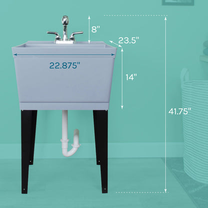 Tehila Standard Freestanding Grey Utility Sink with Chrome Finish Pull-Out Faucet
