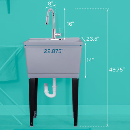 Tehila Standard Freestanding Grey Utility Sink with Chrome Finish High-Arc Pull-Down Faucet