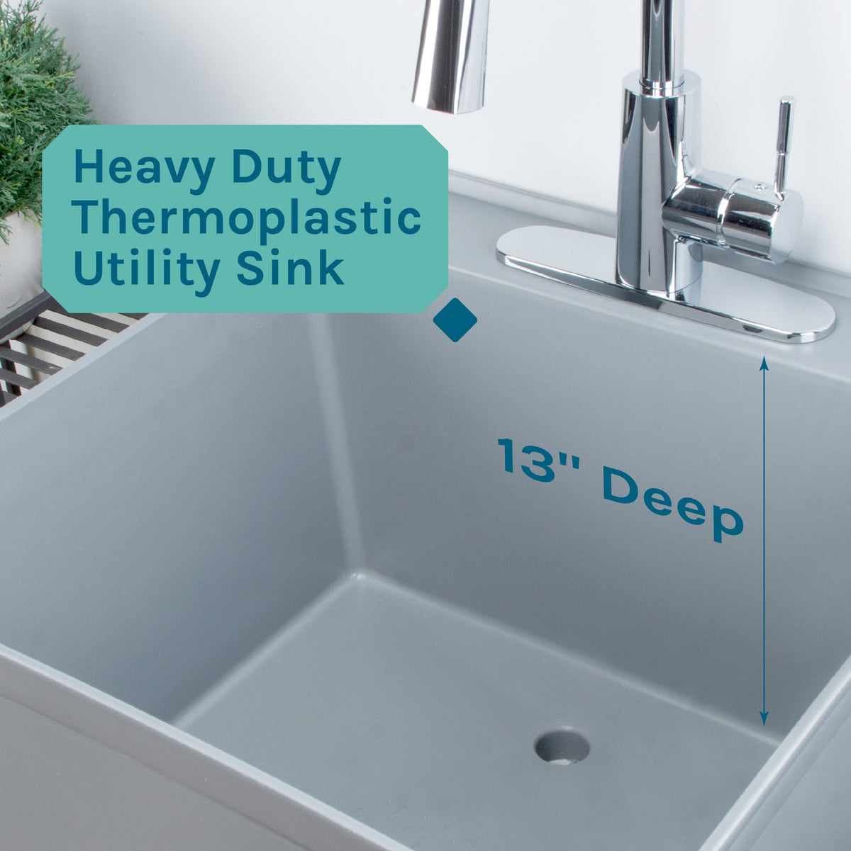 Tehila Standard Freestanding Grey Utility Sink with Chrome Finish High-Arc Pull-Down Faucet