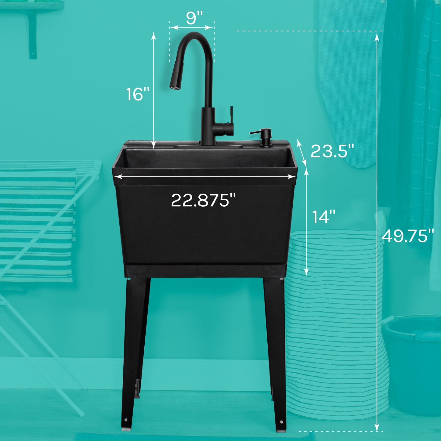 Tehila Standard Freestanding Black Utility Sink with Black Finish High-Arc Pull-Down Faucet and Soap Dispenser