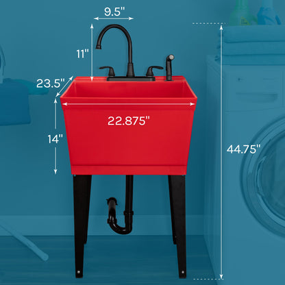 Tehila Standard Freestanding Red Utility Sink with Black Legs and Black Finish Wide-set Gooseneck Faucet with Side Sprayer