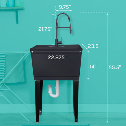 Tehila Standard Freestanding Black Utility Sink with Black Finish High-Arc Coil Pull-Down Faucet