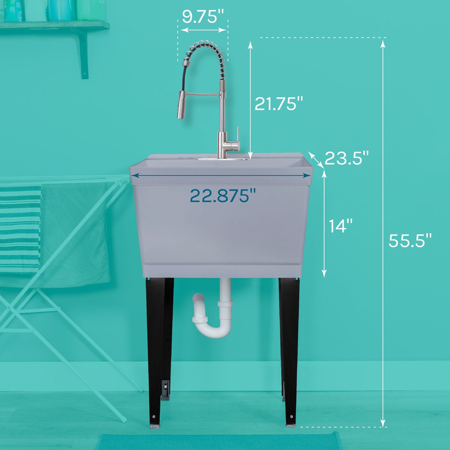Tehila Standard Freestanding Grey Utility Sink with Stainless Steel Finish High-Arc Coil Pull-Down Faucet