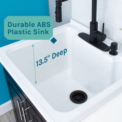 Tehila Black Vanity Cabinet and White Utility Sink with Black Finish High-Arc Coil Pull-Down Faucet
