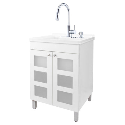 Tehila White Vanity Cabinet and White Utility Sink with Chrome Finish High-Arc Pull-Down Faucet