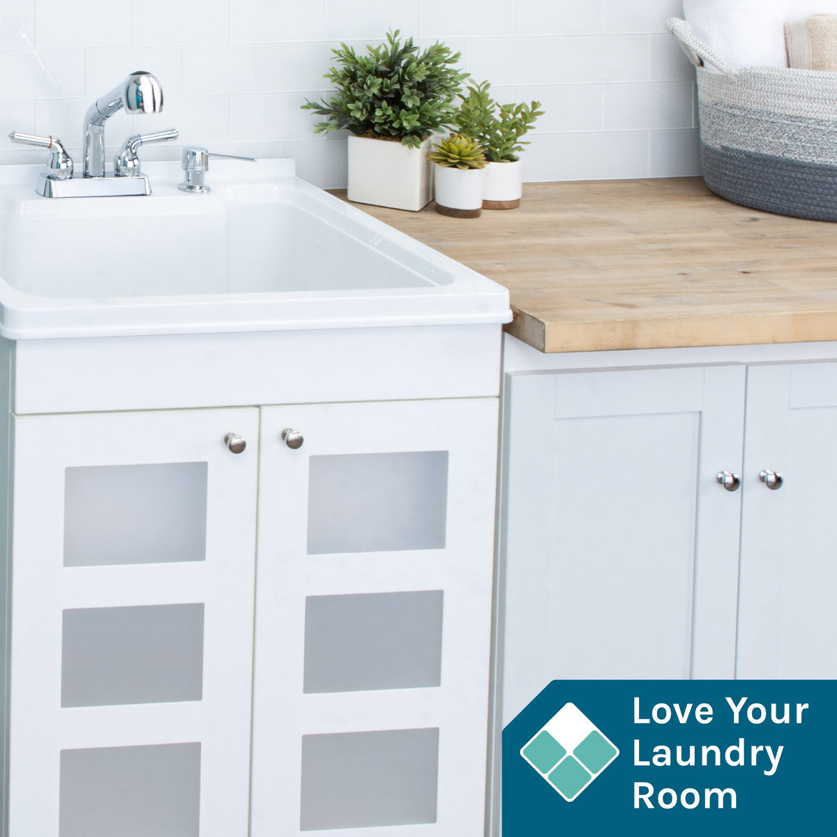 Tehila White Vanity Cabinet and White Utility Sink with Chrome Finish Pull-Out Faucet