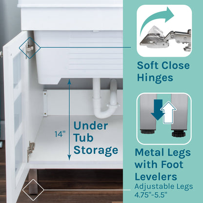 Tehila White Vanity Cabinet and White Utility Sink with Chrome Finish Pull-Out Faucet