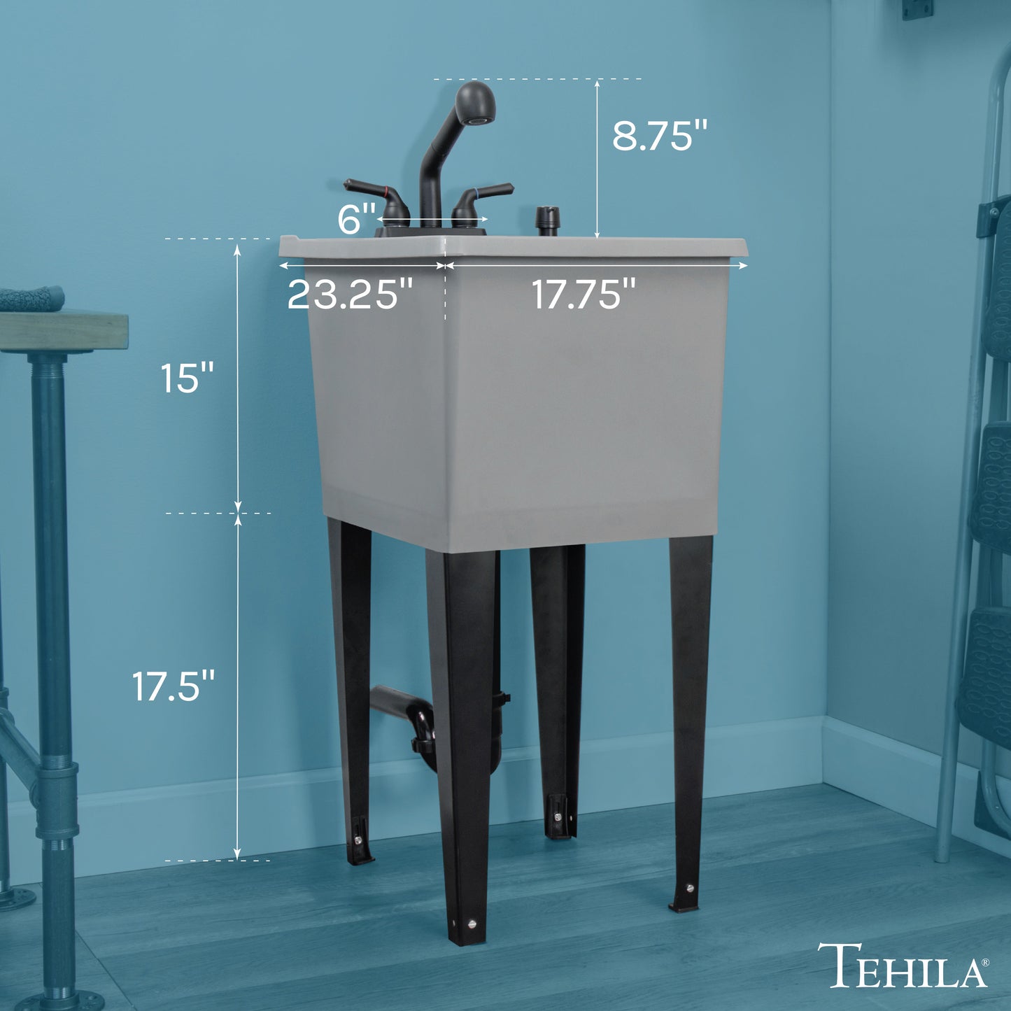 Tehila Space Saver Freestanding Grey Utility Sink with Black Finish Pull-Out Faucet