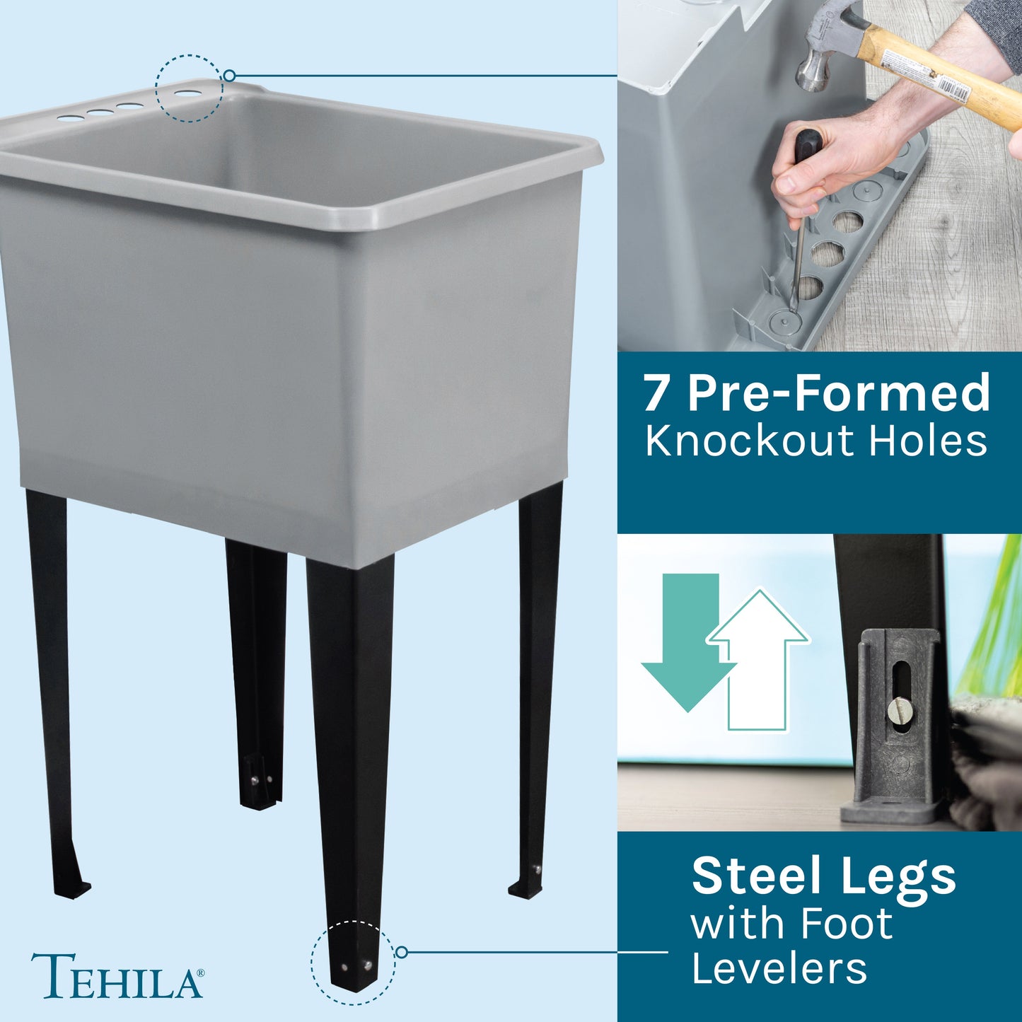 Tehila Space Saver Freestanding Grey Utility Sink with Chrome Finish Pull-Out Faucet