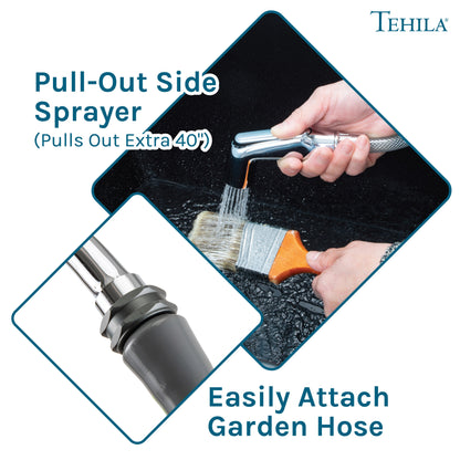 Tehila Space Saver Freestanding Black Utility Sink with Chrome Finish Gooseneck Faucet and Side Sprayer