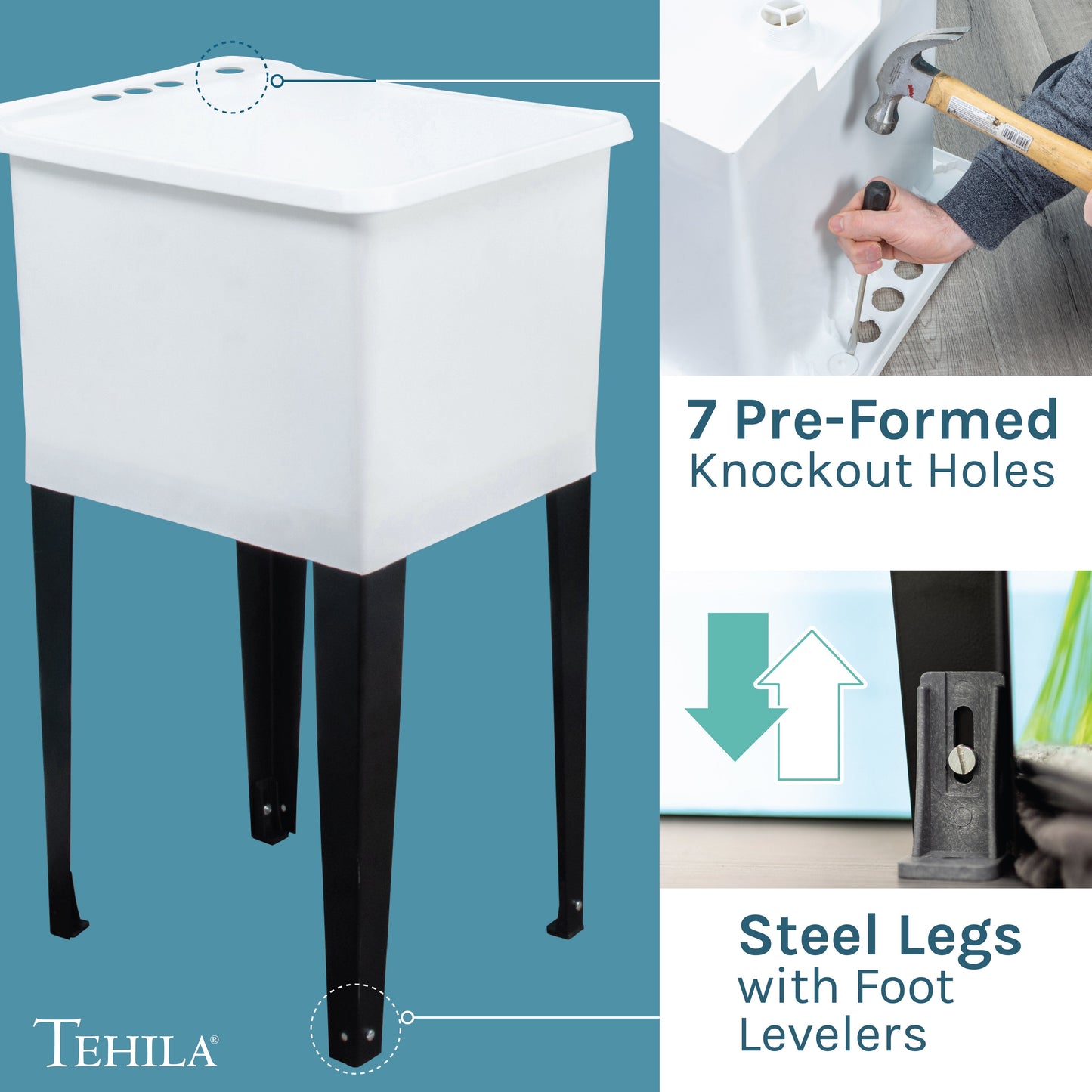 Tehila Space Saver Freestanding White Utility Sink with Black Finish Gooseneck Faucet and Side Sprayer