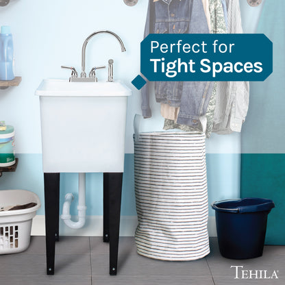 Tehila Space Saver Freestanding White Utility Sink with Chrome Finish Gooseneck Faucet and Side Sprayer