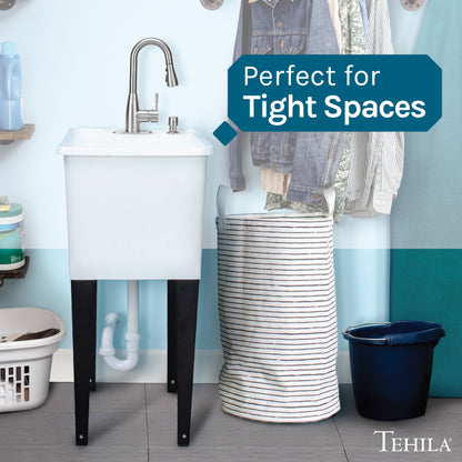 Tehila Space Saver Freestanding White Utility Sink with Stainless Steel Finish Low-Profile Pull-Down Faucet