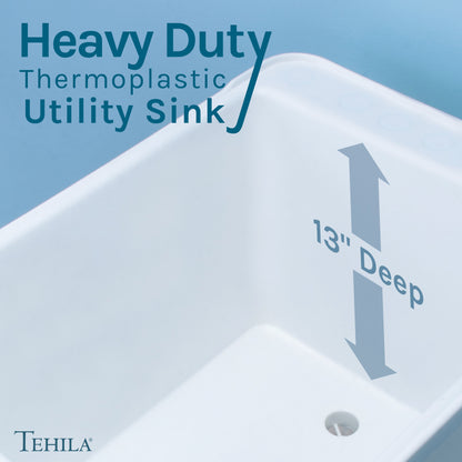 Tehila Space Saver Freestanding White Utility Sink with Stainless Steel Finish Low-Profile Pull-Down Faucet