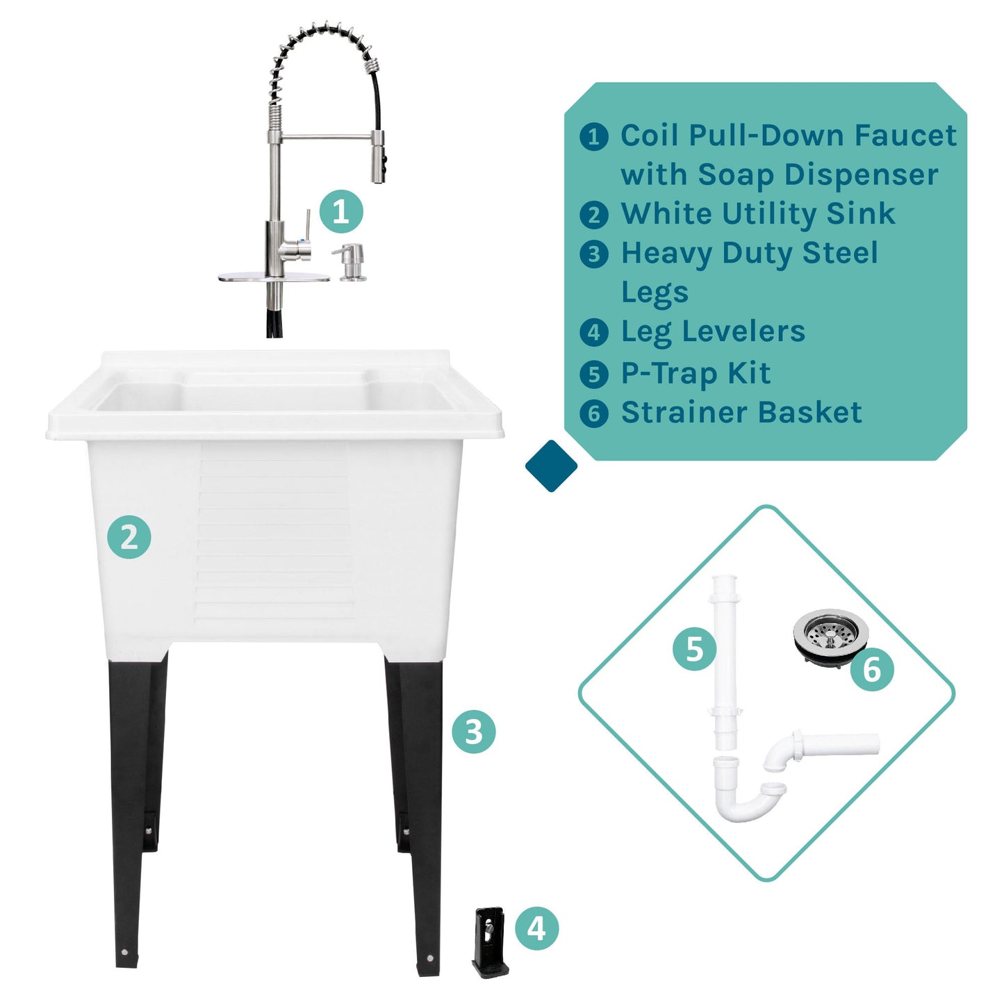 Tehila Luxe Freestanding White Utility Sink with Stainless Steel Finish High-Arc Coil Pull-Down Faucet