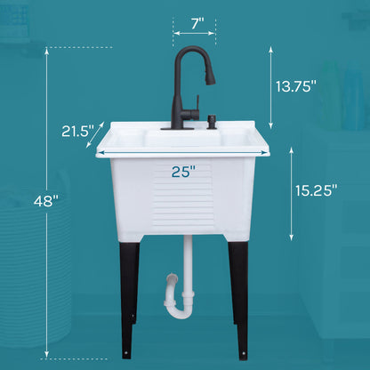 Tehila Luxe Freestanding White Utility Sink with Black Finish Low-Profile Pull-Down Faucet