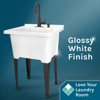 Tehila Luxe Freestanding White Utility Sink with Black Finish Low-Profile Pull-Down Faucet
