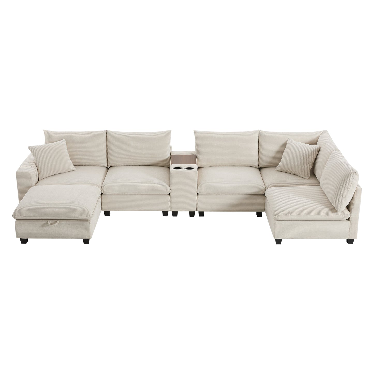 Sectional Sofa U-Shape Corduroy Beige 6 Seat Storage Ottoman USB 140 In