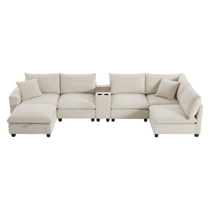 Sectional Sofa U-Shape Corduroy Beige 6 Seat Storage Ottoman USB 140 In