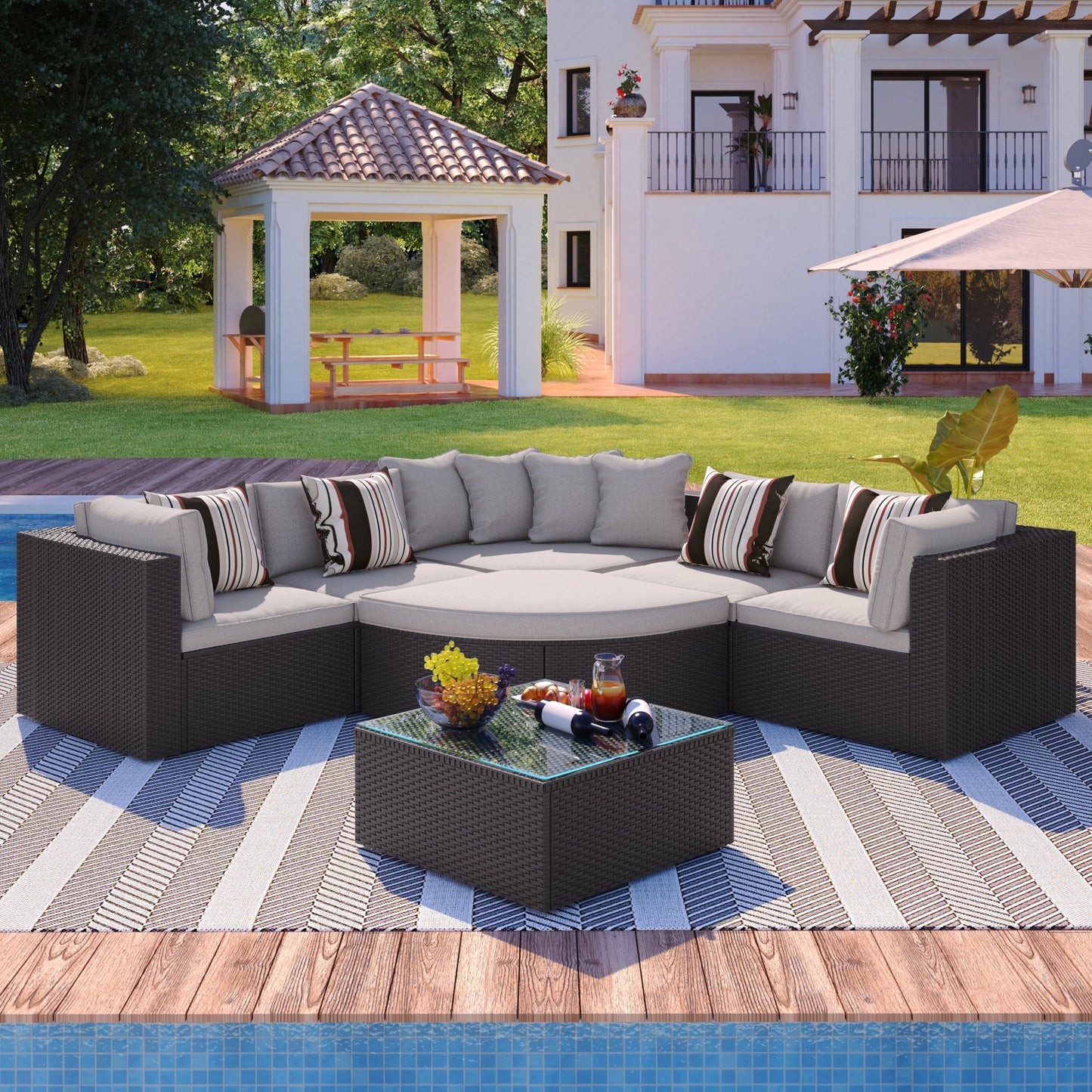 Outdoor Wicker Sofa Set Brown 7 Piece Colorful Pillows Seats 6
