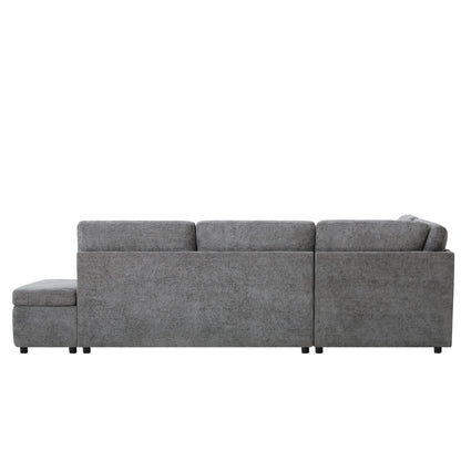 Sofa Bed L-Shape Chenille Gray 6 Seat Pull-Out USB Ports 107 In