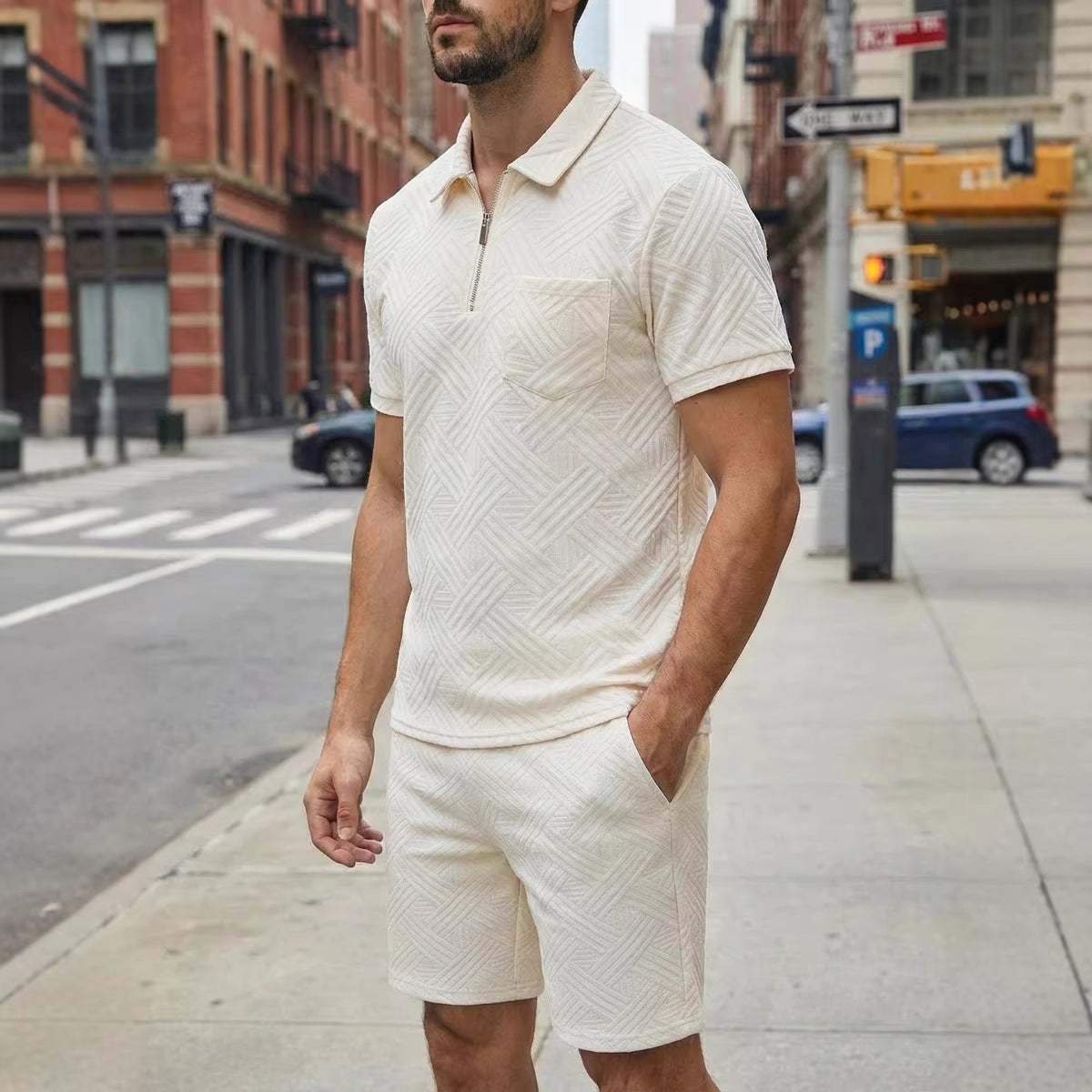 Mens Spring New Solid-Color Jacquard Zip-Up Set
