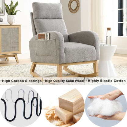 Gray Teddy Fabric Rocking Chair High Back Side Pockets 27.6
