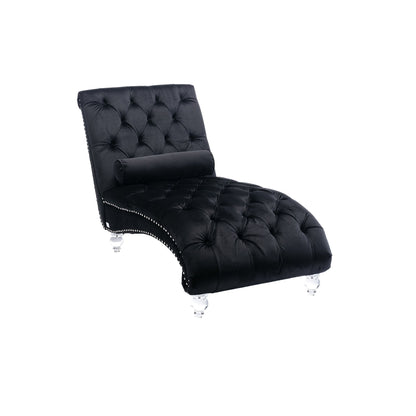 Velvet Chaise Lounge, Button-Tufted with Pillow, Black, 63.38x28.94x34.05 in