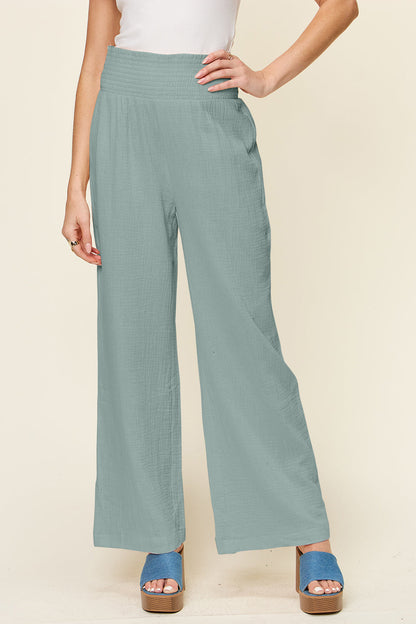 Textured Smocked Waist Wide Leg Pants