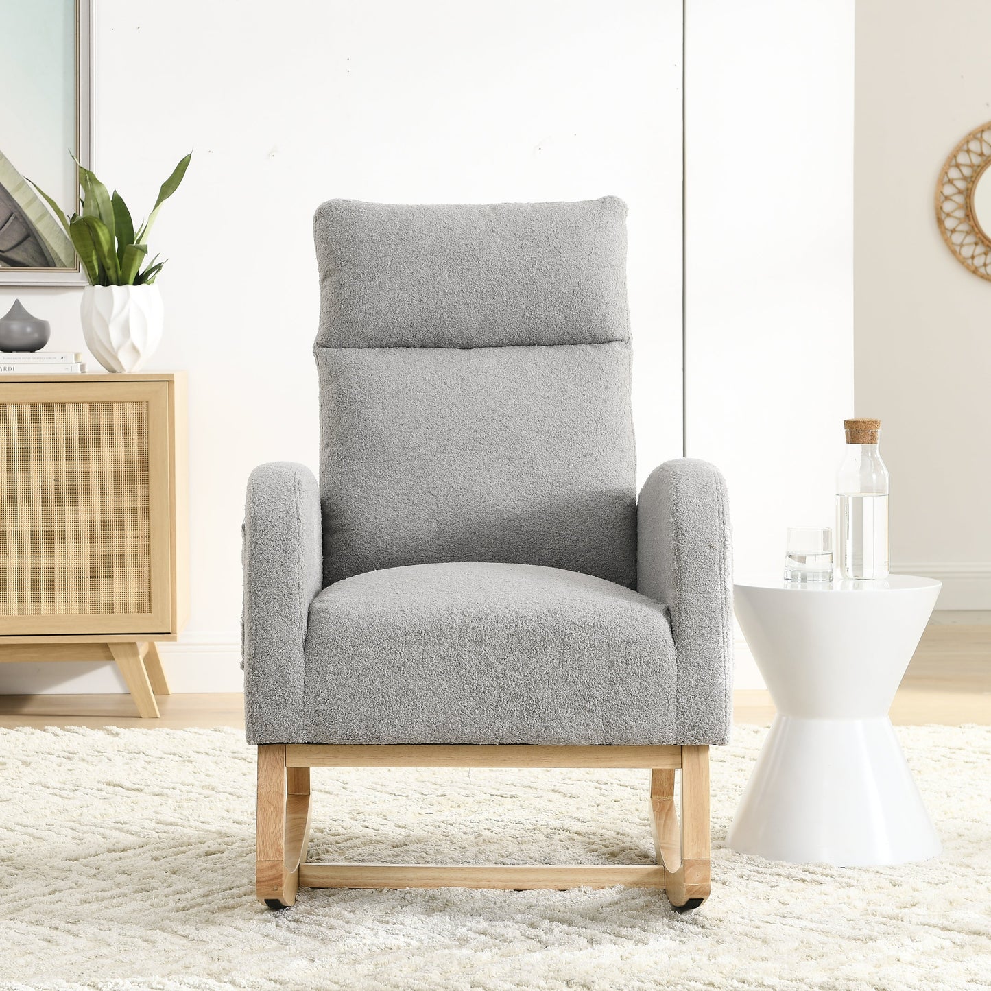 Gray Teddy Fabric Rocking Chair High Back Side Pockets 27.6