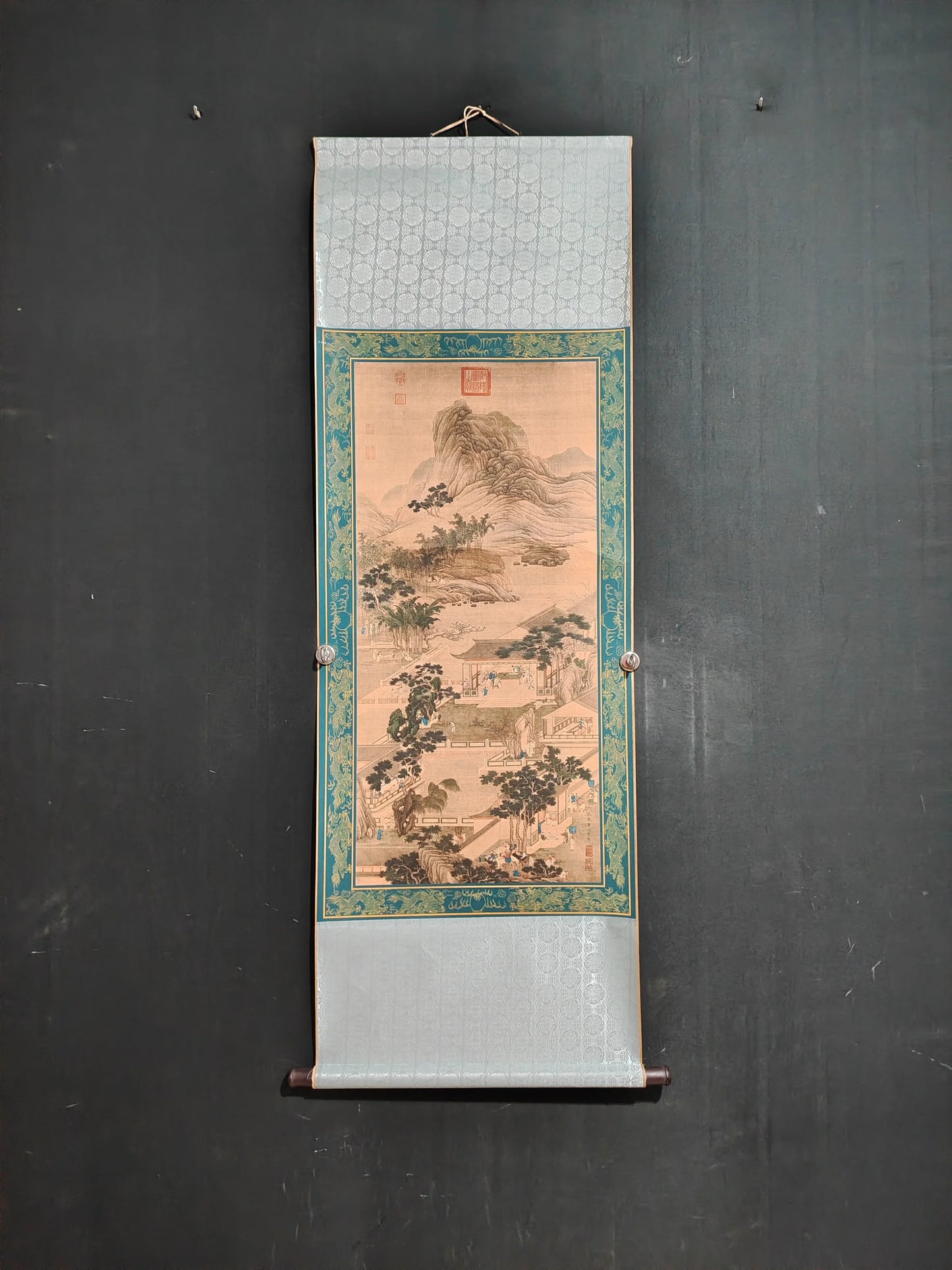 A wall scroll hanging painting of Qiu Ying's landscape on Chinese Xuan paper for the central hall decoration