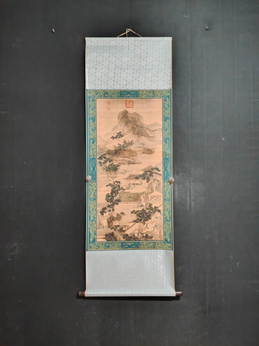 A wall scroll hanging painting of Qiu Ying's landscape on Chinese Xuan paper for the central hall decoration