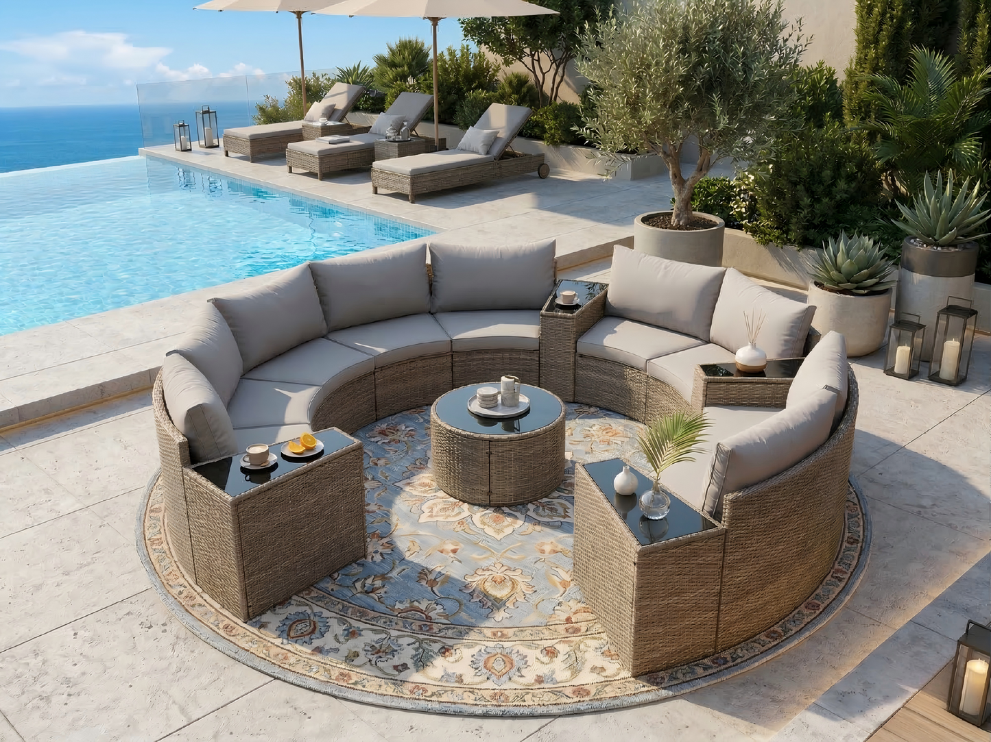 Outdoor Sectional Set PE Rattan Steel Light Gray 13pc