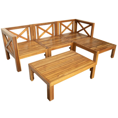 Outdoor Patio Sectional Set Acacia Wood Natural Blue Cushions 5 Piece