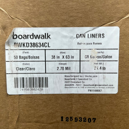 BOARDWALK (50 BAGS) Can Liners Trash Bags 60 Gallon 2.7 Mil Clear