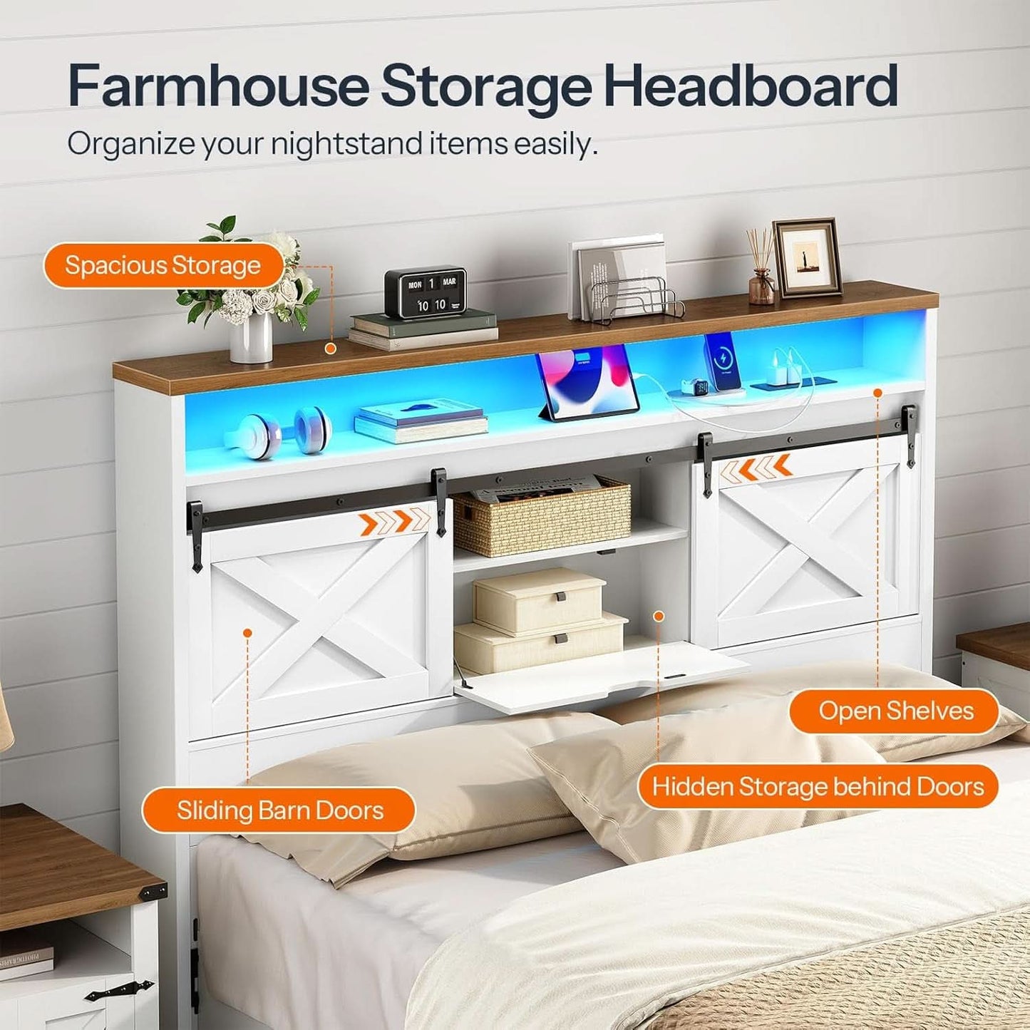 Farmhouse Queen Headboard with Storage and Charging Station