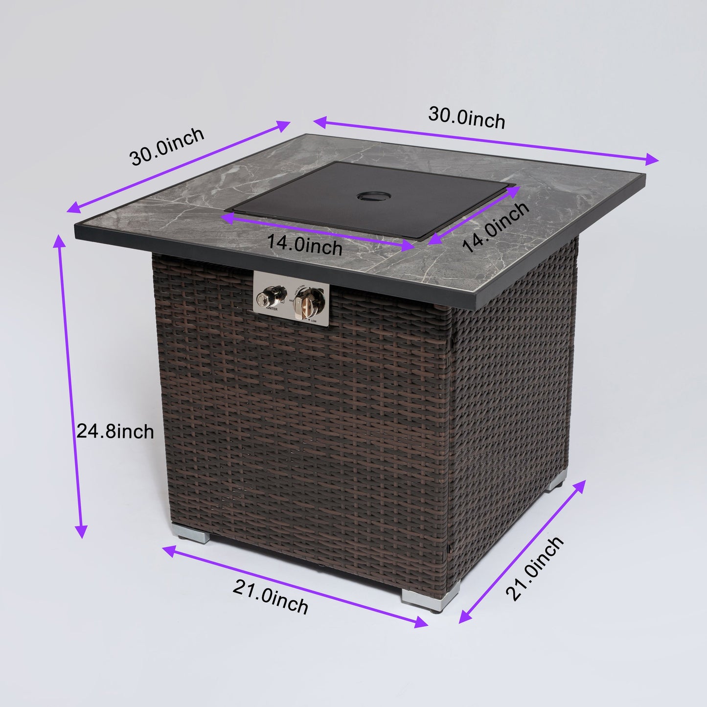 Espresso Square 30 Inch Propane Gas Fire Pit Table Tile Top Wicker Base