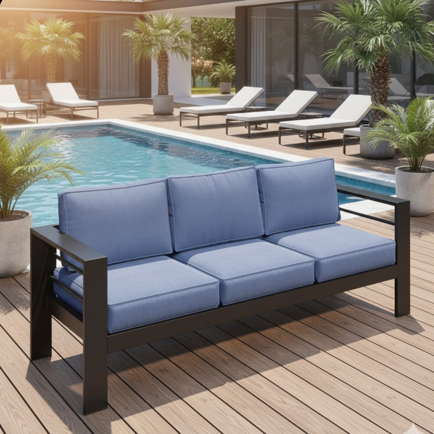Outdoor Aluminum Sofa 3 Seat 74" Blue Cushions