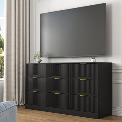Dresser Classic 9-Drawer Black Particle Board Gold Handles 63x15.74 In