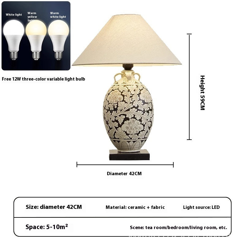 Japanese Ceramic Table Lamp with Fabric Shade