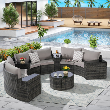 11 Piece PE Rattan Outdoor Sectional Set Light Gray