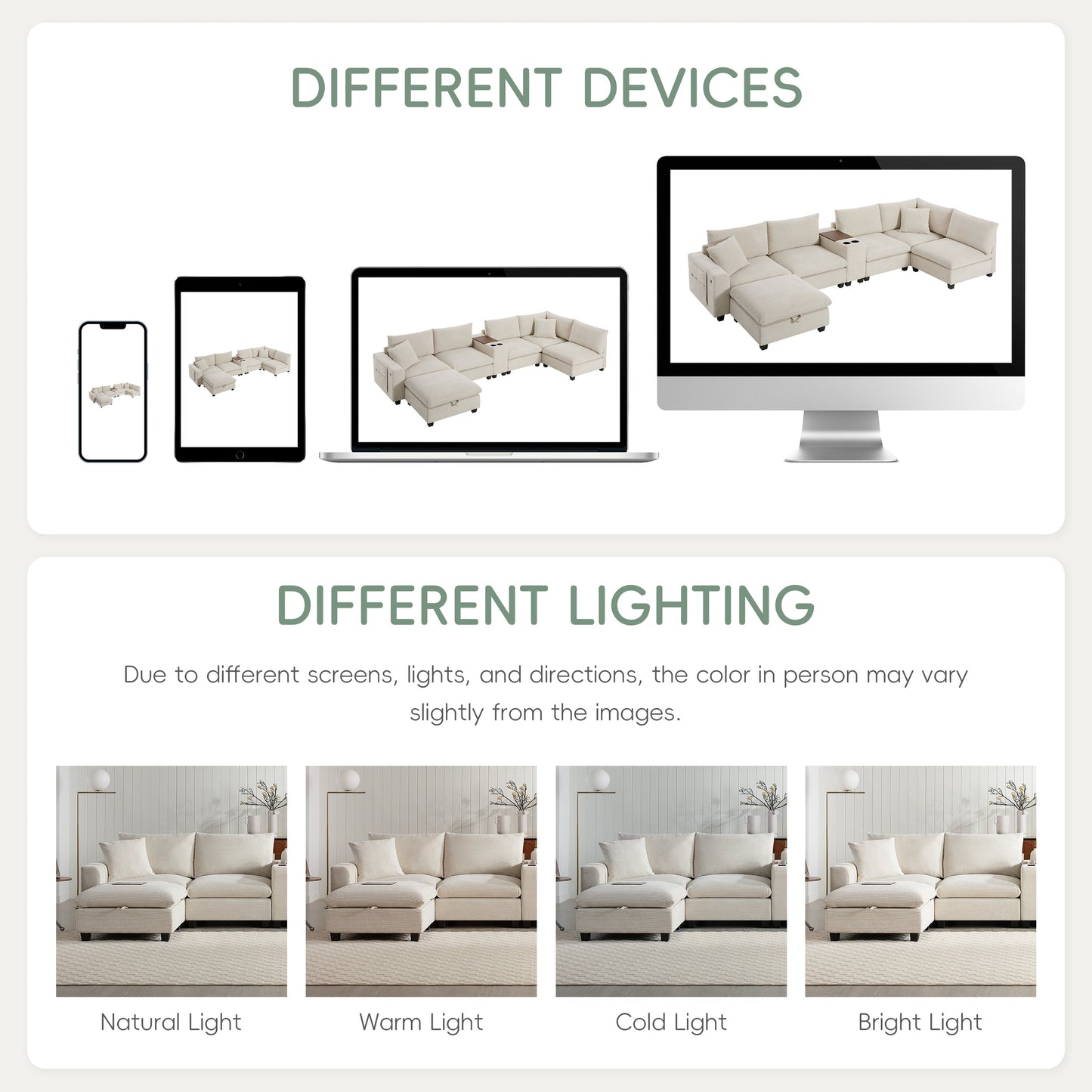 Sectional Sofa U-Shape Corduroy Beige 6 Seat Storage Ottoman USB 140 In