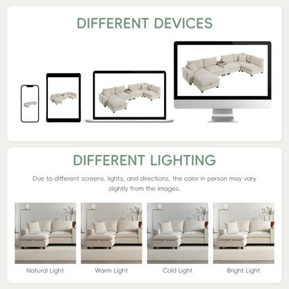 Sectional Sofa U-Shape Corduroy Beige 6 Seat Storage Ottoman USB 140 In