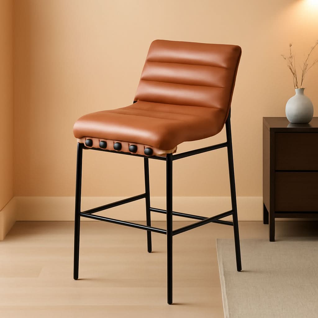 Burke Collection Modern Cognac Vegan Leather Bar Stool Matte Black Frame